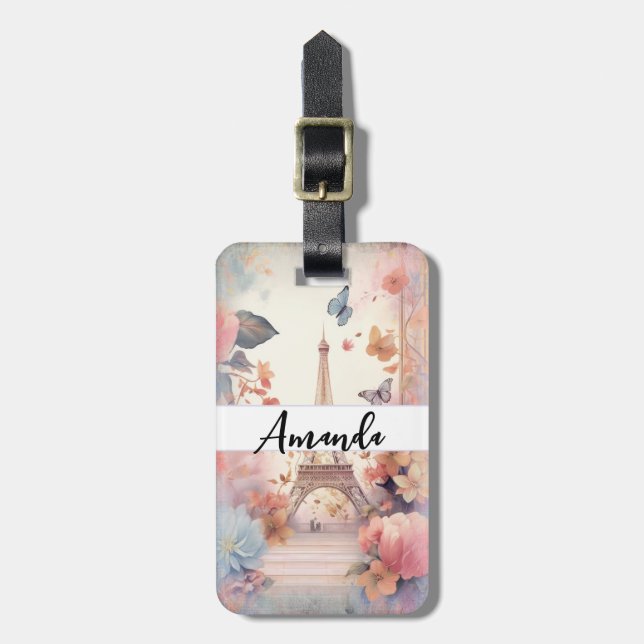 Eiffel Tower Butterflies and Flowers Luggage Tag (Front Vertical)