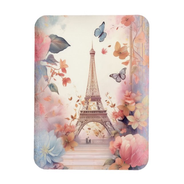 Eiffel Tower Butterflies and Flowers Magnet (Vertical)