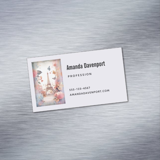 Eiffel Tower Butterflies and Flowers Magnetic Business Card (In Situ)