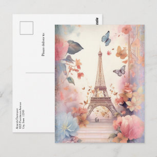 Eiffel Tower Butterflies and Flowers Postcard
