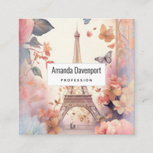 Eiffel Tower Butterflies and Flowers Square Business Card