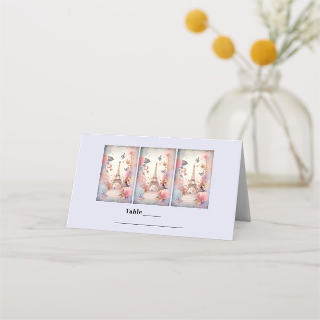 Eiffel Tower Butterflies and Flowers Table Place Card (Front)