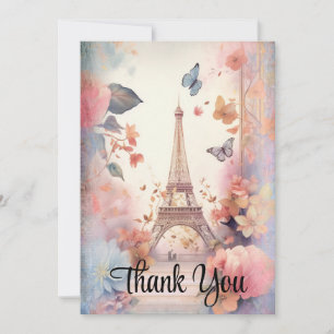 Eiffel Tower Butterflies and Flowers Thank You Card