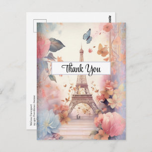 Eiffel Tower Butterflies and Flowers Thank You Postcard