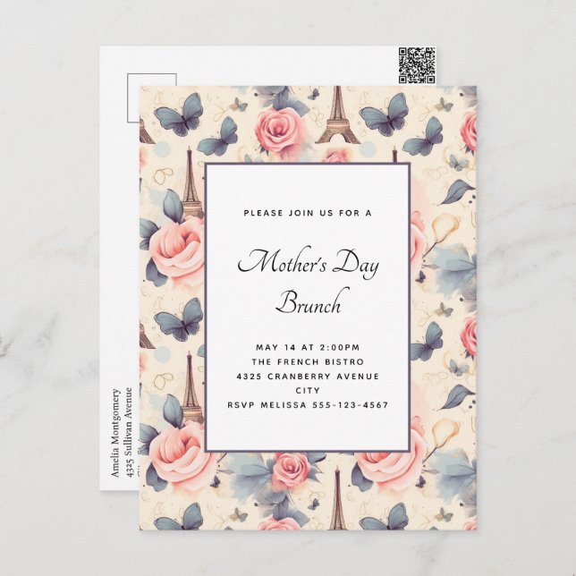 Eiffel Tower Butterfly and Roses Mother's Day Postcard (Front/Back)
