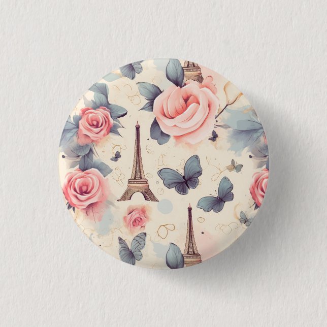 Eiffel Tower Butterfly and Roses Pattern 1 Inch Round Button (Front)