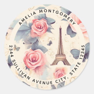 Eiffel Tower Butterfly and Roses Pattern - Address Classic Round Sticker