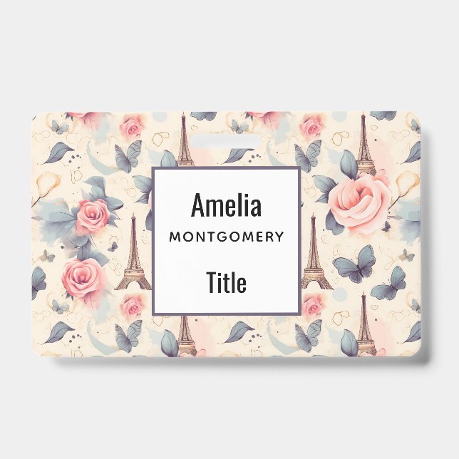 Eiffel Tower Butterfly and Roses Pattern Badge (Front)