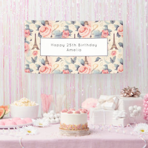 Eiffel Tower Butterfly and Roses Pattern Birthday Banner