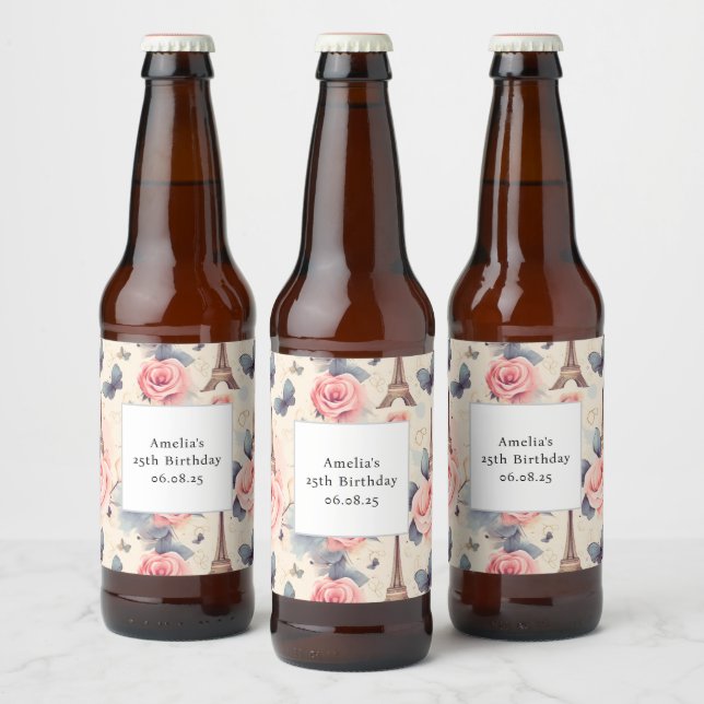 Eiffel Tower Butterfly and Roses Pattern Birthday Beer Bottle Label (Bottles)