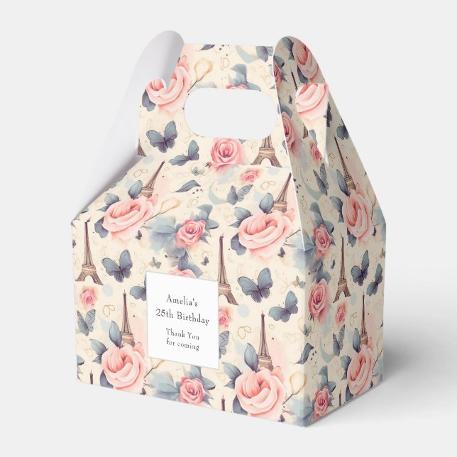 Eiffel Tower Butterfly and Roses Pattern Birthday Favor Box (Front Side)