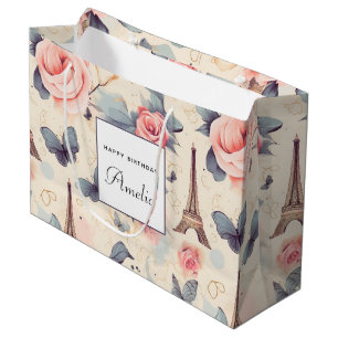 Eiffel Tower Butterfly and Roses Pattern Birthday Large Gift Bag