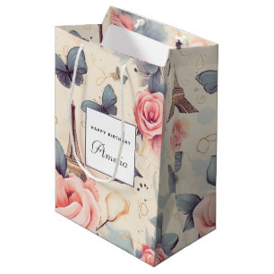 Eiffel Tower Butterfly and Roses Pattern Birthday Medium Gift Bag