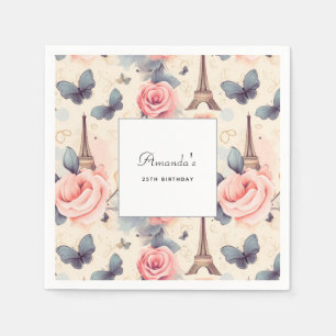 Eiffel Tower Butterfly and Roses Pattern Birthday Napkin