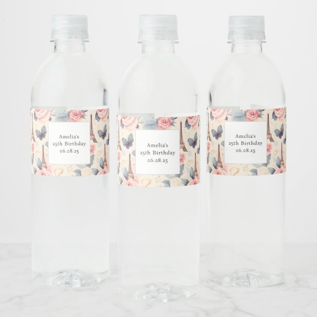 Eiffel Tower Butterfly and Roses Pattern Birthday Water Bottle Label (Bottles)