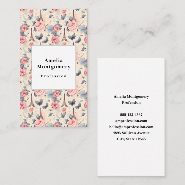 Eiffel Tower Butterfly and Roses Pattern Business Card (Front/Back)