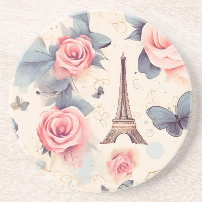 Eiffel Tower Butterfly and Roses Pattern Coaster (Front)