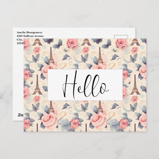 Eiffel Tower Butterfly and Roses Pattern Hello Postcard (Front/Back)
