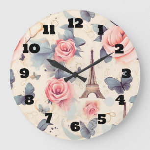 Eiffel Tower Butterfly and Roses Pattern Large Clock