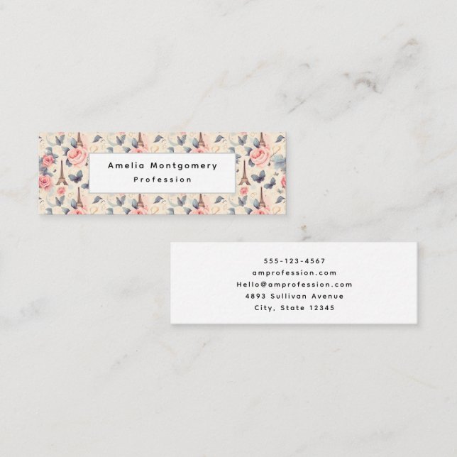Eiffel Tower Butterfly and Roses Pattern Mini Business Card (Front/Back)