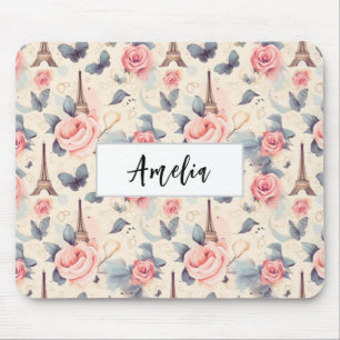 Eiffel Tower Butterfly and Roses Pattern Mouse Pad