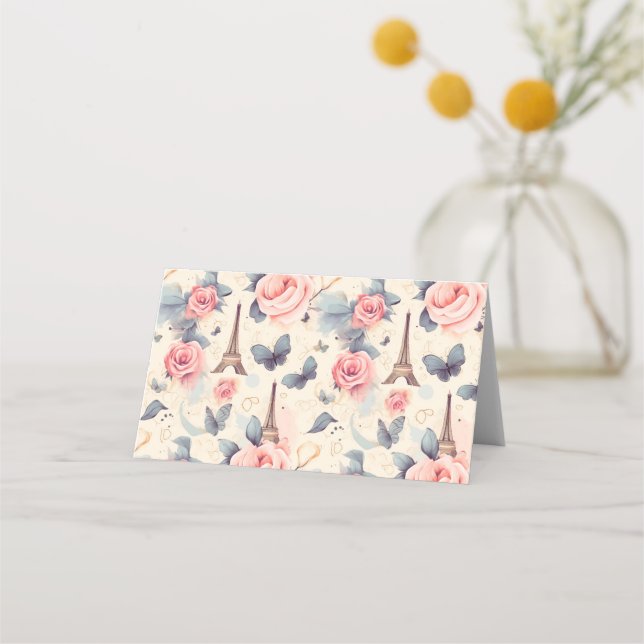 Eiffel Tower Butterfly and Roses Pattern Place Card (Front)