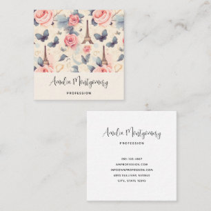 Eiffel Tower Butterfly and Roses Pattern Square Business Card