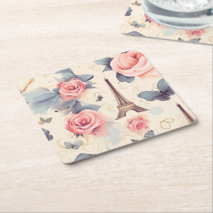 Eiffel Tower Butterfly and Roses Pattern Square Paper Coaster
