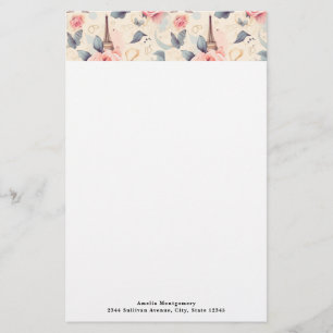 Eiffel Tower Butterfly and Roses Pattern Stationery