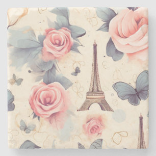 Eiffel Tower Butterfly and Roses Pattern Stone Coaster