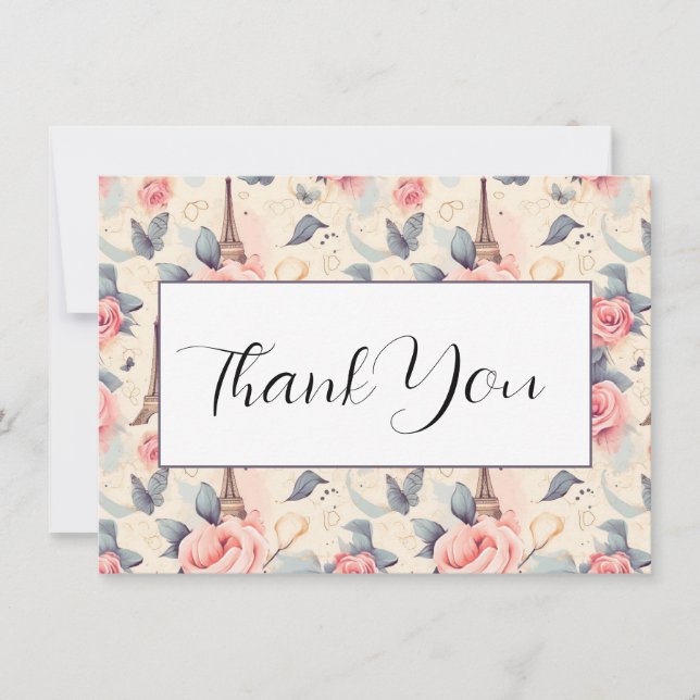 Eiffel Tower Butterfly and Roses Pattern Thank You Card (Front)