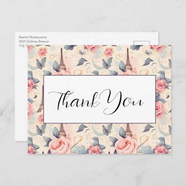 Eiffel Tower Butterfly and Roses Pattern Thank You Postcard (Front/Back)
