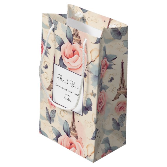 Eiffel Tower Butterfly and Roses Pattern Thank You Small Gift Bag (Back Angled)
