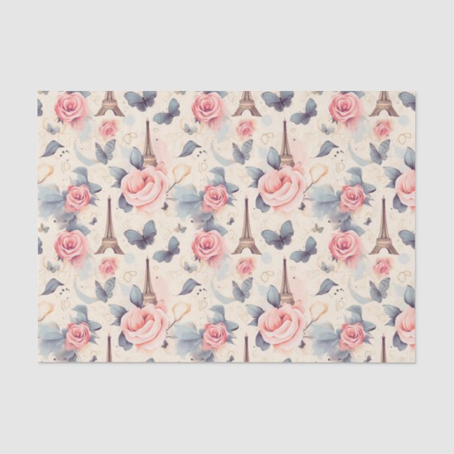 Eiffel Tower Butterfly and Roses Pattern Tissue Paper (Front)
