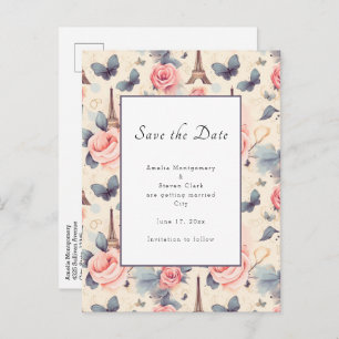 Eiffel Tower Butterfly and Roses Pattern Wedding Announcement Postcard