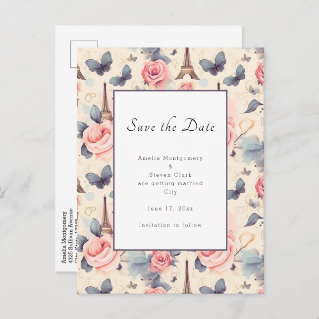 Eiffel Tower Butterfly and Roses Pattern Wedding Announcement Postcard (Front/Back)
