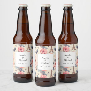 Eiffel Tower Butterfly and Roses Pattern Wedding Beer Bottle Label