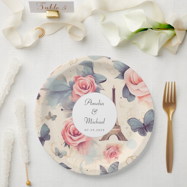 Eiffel Tower Butterfly and Roses Pattern Wedding Paper Plate (Wedding)