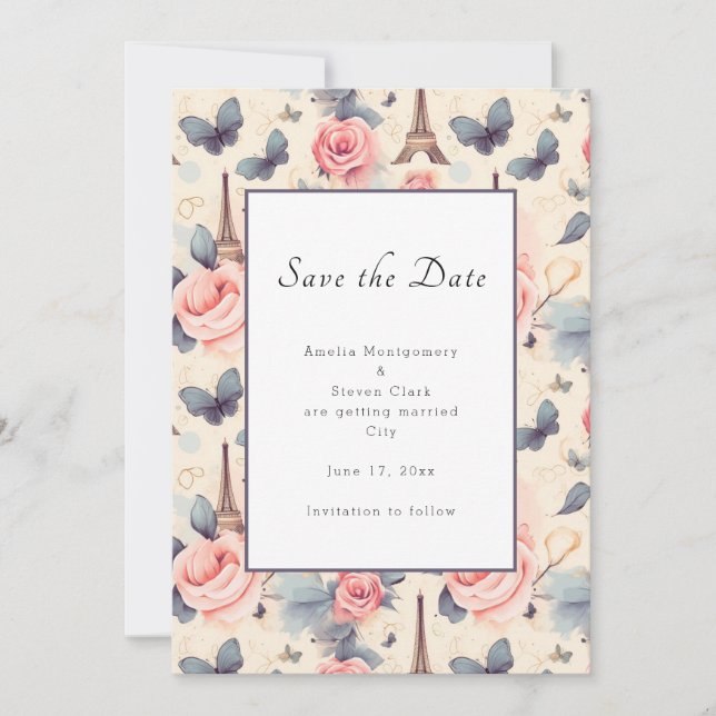 Eiffel Tower Butterfly and Roses Pattern Wedding Save The Date (Front)