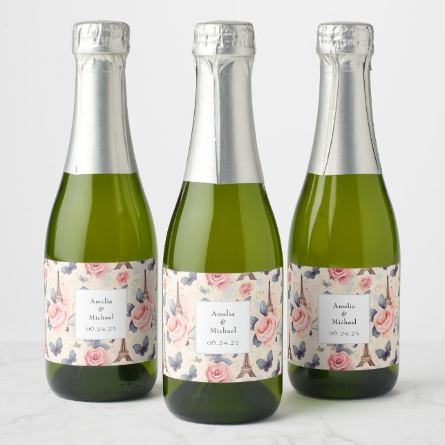 Eiffel Tower Butterfly and Roses Pattern Wedding Sparkling Wine Label (Bottles)