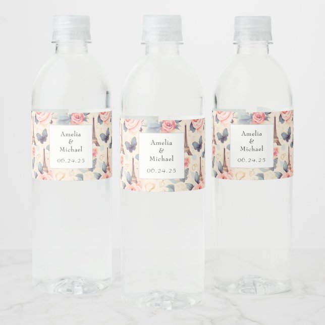 Eiffel Tower Butterfly and Roses Pattern Wedding Water Bottle Label (Bottles)