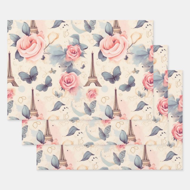 Eiffel Tower Butterfly and Roses Pattern Wrapping Paper Sheet (Set)