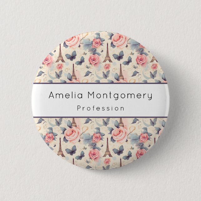 Eiffel Tower Butterfly and Roses Profession 2 Inch Round Button (Front)