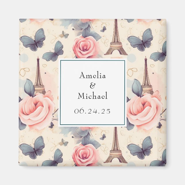 Eiffel Tower Butterfly and Roses Save the Date Magnet (Front)