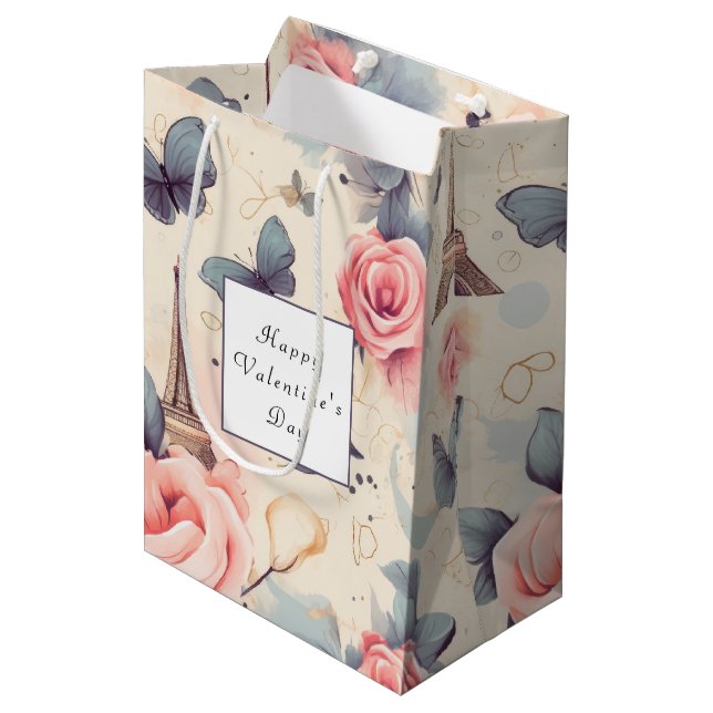 Eiffel Tower Butterfly and Roses Valentine's Day Medium Gift Bag (Front Angled)