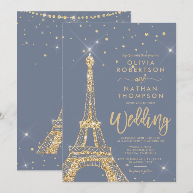 Eiffel tower chic gold glitter sparkle wedding invitation (Front/Back)