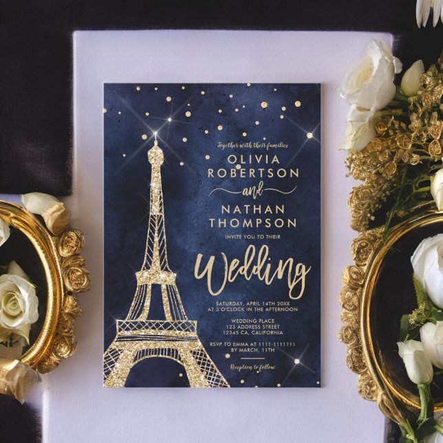 Eiffel tower chic gold glitter sparkle wedding invitation (Eiffel tower chic gold glitter sparkle wedding invitation)