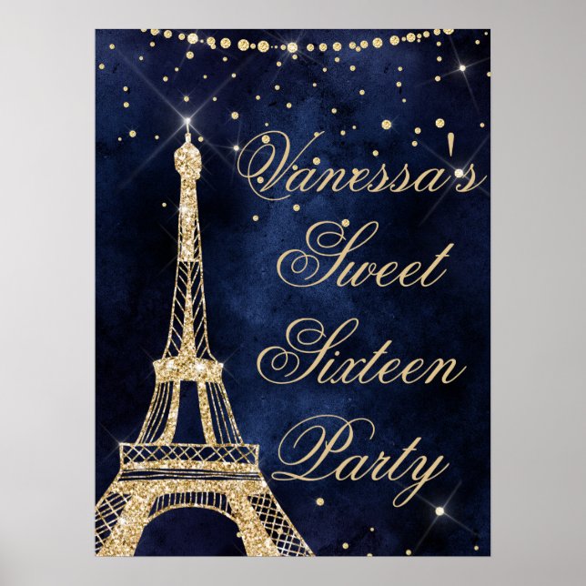 Eiffel Tower chic gold sweet 16 welcome sign (Front)