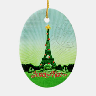 Eiffel Tower Christmas Collage Ceramic Ornament