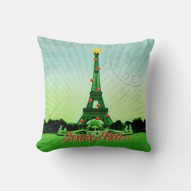 Eiffel Tower Christmas Collage Throw Pillow (Front)